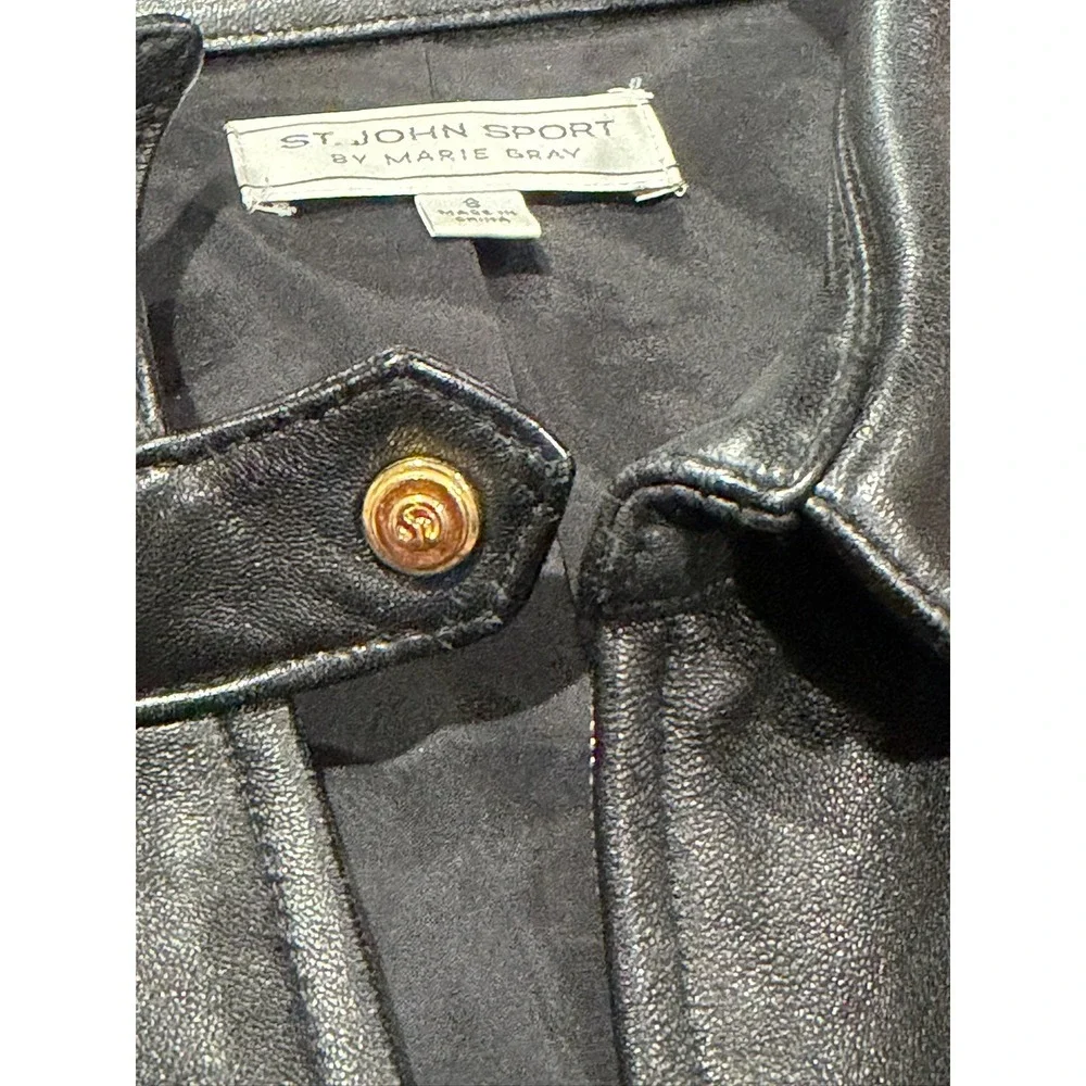 St John Sport Marie Gray Black Leather Jacket Woven Trim Gold Hardware Small